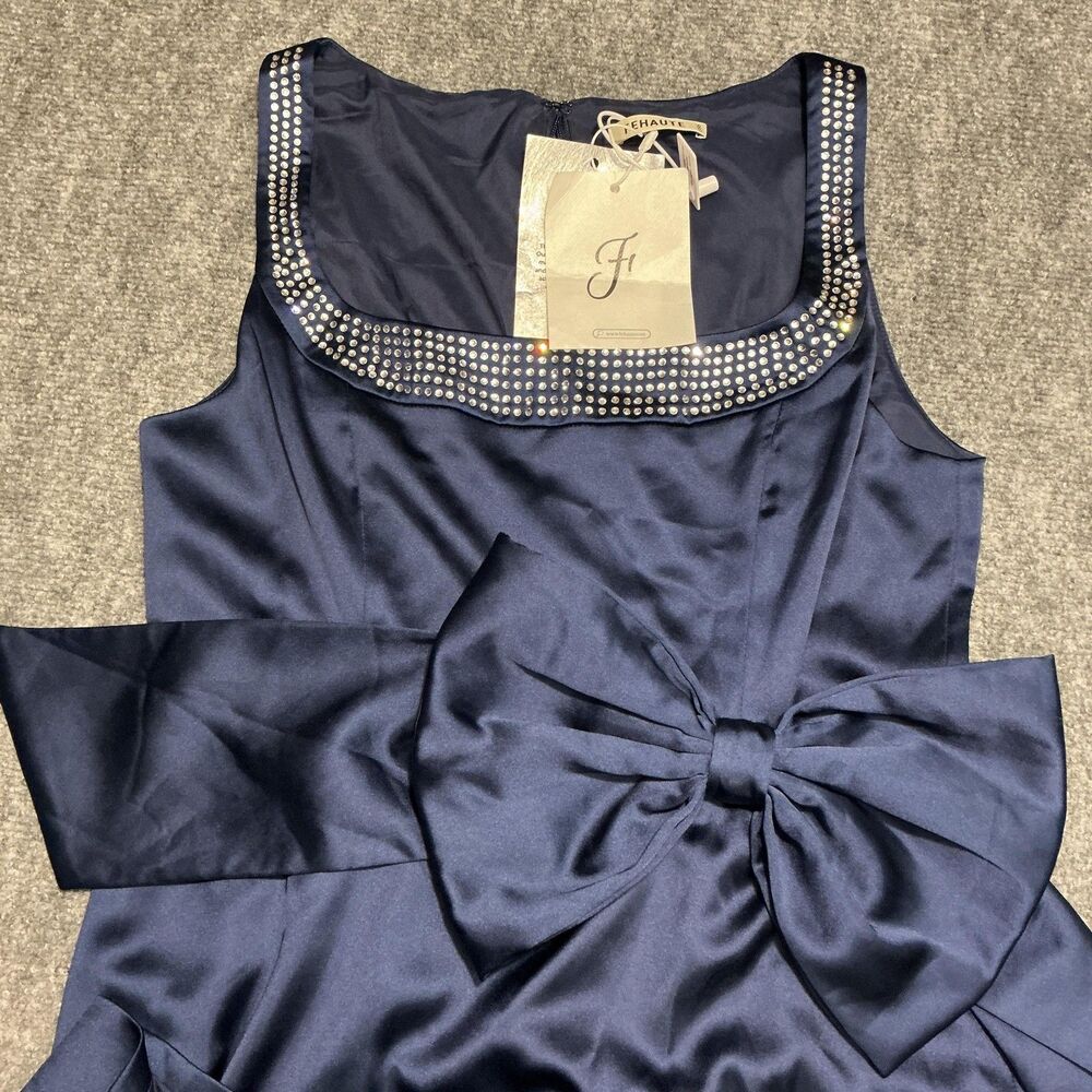 FEHAUTE Satin Sheath Dress Womens 6 Navy Blue Bow Rhinestone Neck Midi Party